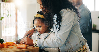 Buy stock photo Home, mother and child with vegetables for cutting, cooking and bonding together with learning skills. Kitchen, mom and girl with knife for chopping, organic food and meal prep with carrots as family