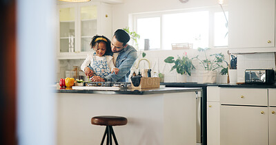 Buy stock photo Vegetables, cooking and dad with child in kitchen learning for lunch, dinner and meal prep. Family, food and father teaching girl with ingredients for healthy eating, wellness and nutrition in home