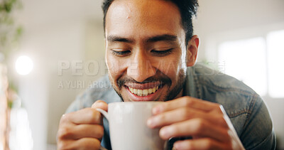 Buy stock photo Home, man and smile with coffee for aroma, soothing sensation and comfortable with espresso. House, male person and chilling with smell for warm drink, cappuccino and happy for caffeine in apartment