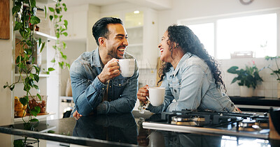 Buy stock photo Couple, laughing and drinking coffee with bonding in home for gossip, happy and funny conversation in kitchen. Man, woman and smile with beverage in house for support and relax with comic morning
