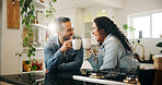 Couple, laughing and toast with coffee for bonding in home for gossip, happy and funny conversation in kitchen. Man, woman and smile with beverage in house for support and relax with comic morning