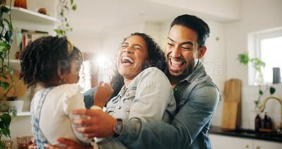 Buy stock photo Laughter, happy family and parents play with girl in kitchen together and excited for tickle game. Child, mother and father with energy bonding with kid, love and care for weekend break in home