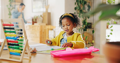 Buy stock photo Home, studying and child with notebook, education and learning for elementary with abacus and information. Apartment, student and girl with homework, growth and development of kid with knowledge