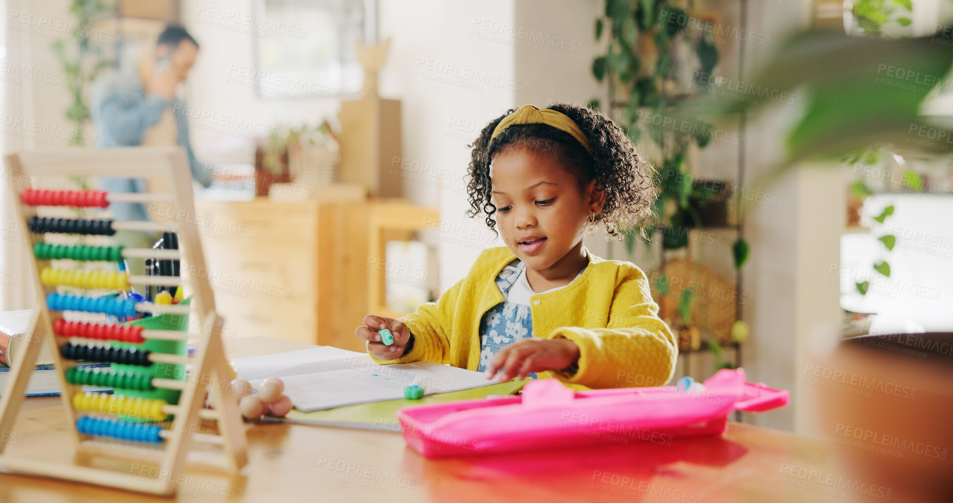Buy stock photo Home, studying and child with notebook, education and learning for elementary with abacus and information. Apartment, student and girl with homework, growth and development of kid with knowledge
