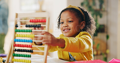 Buy stock photo Education, learning and child with abacus, happy and counting with beads for homework and practice. House, student and girl with equipment for knowledge, growth and development for maths in apartment