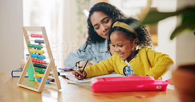 Buy stock photo Home, writing and child with mom, abacus and helping with homework in apartment, education or smile. House, woman  and daughter with notebook for assignment, maths and happy for growth or development