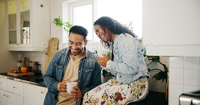 Buy stock photo Morning, coffee and couple in kitchen with laughing, cup and mug with drink in home. Relax, communication and love of happy people with smile, house and marriage talking for breakfast gossip with tea