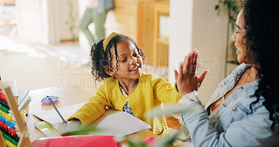 Buy stock photo High five, mom and child in home, studying and celebration for education with abacus, happy and smile. House, student and gesture with woman for finished homework, growth and development with maths