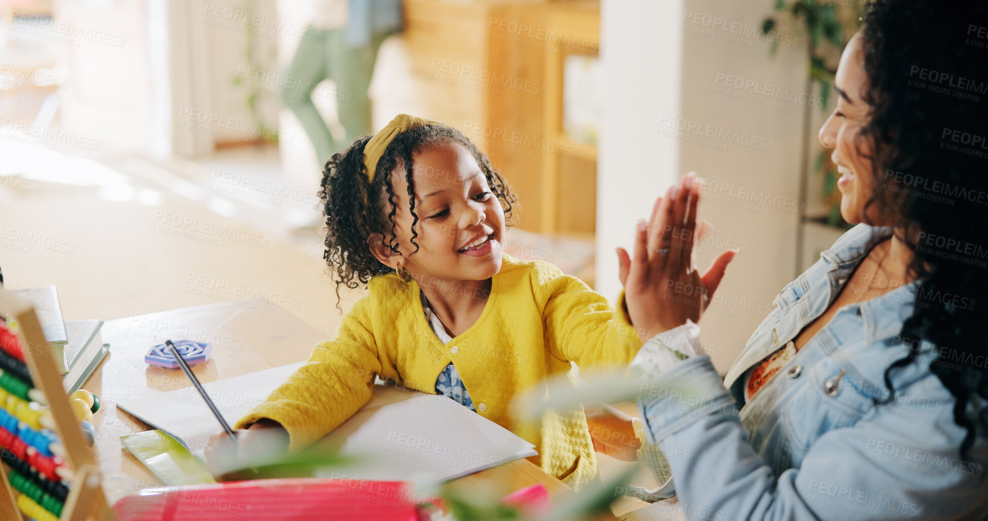 Buy stock photo High five, mom and child in home, studying and celebration for education with abacus, happy and smile. House, student and gesture with woman for finished homework, growth and development with maths