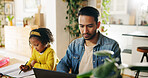 Freelancer father, child and homework at house for learning, remote work and education. Man, girl kid and laptop for working from home with internet connection, homeschooling and reading email