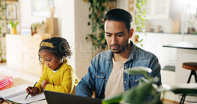 Buy stock photo Freelancer father, child and homework at house for learning, remote work and education. Man, girl kid and laptop for working from home with internet connection, homeschooling and reading email
