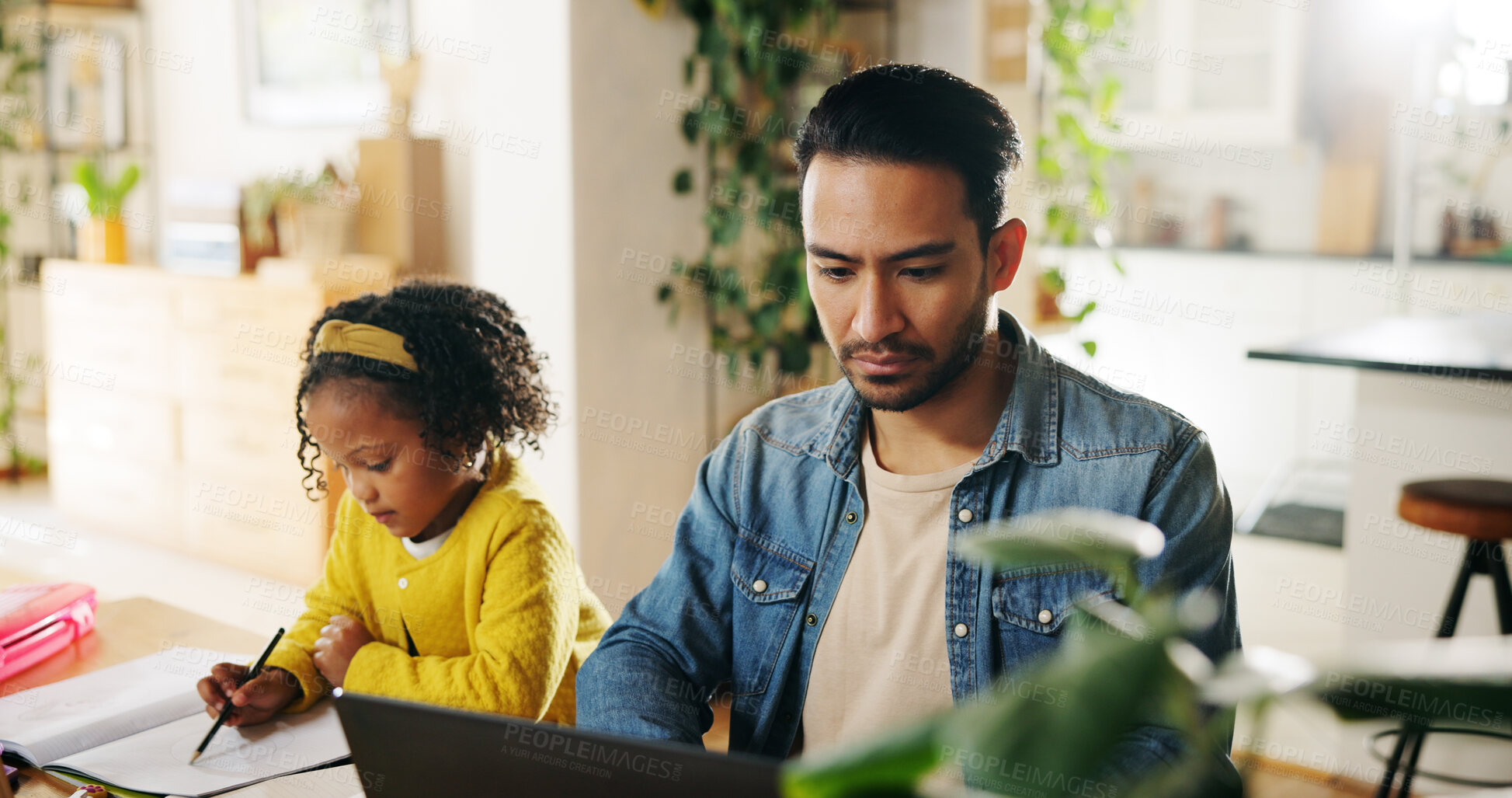 Buy stock photo Freelancer father, child and homework at house for learning, remote work and education. Man, girl kid and laptop for working from home with internet connection, homeschooling and reading email