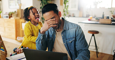 Buy stock photo Man, child and frustrated in home with remote work, distraction or noise at laptop. Entrepreneur father, overstimulated or daughter with ADHD in living room, stress or chaos with anxiety for deadline