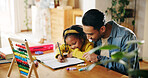 Father, child and help with writing for homework at home with maths and teaching for education. Man, girl kid and happy for support of dad with homeschool lesson or tutoring student in house