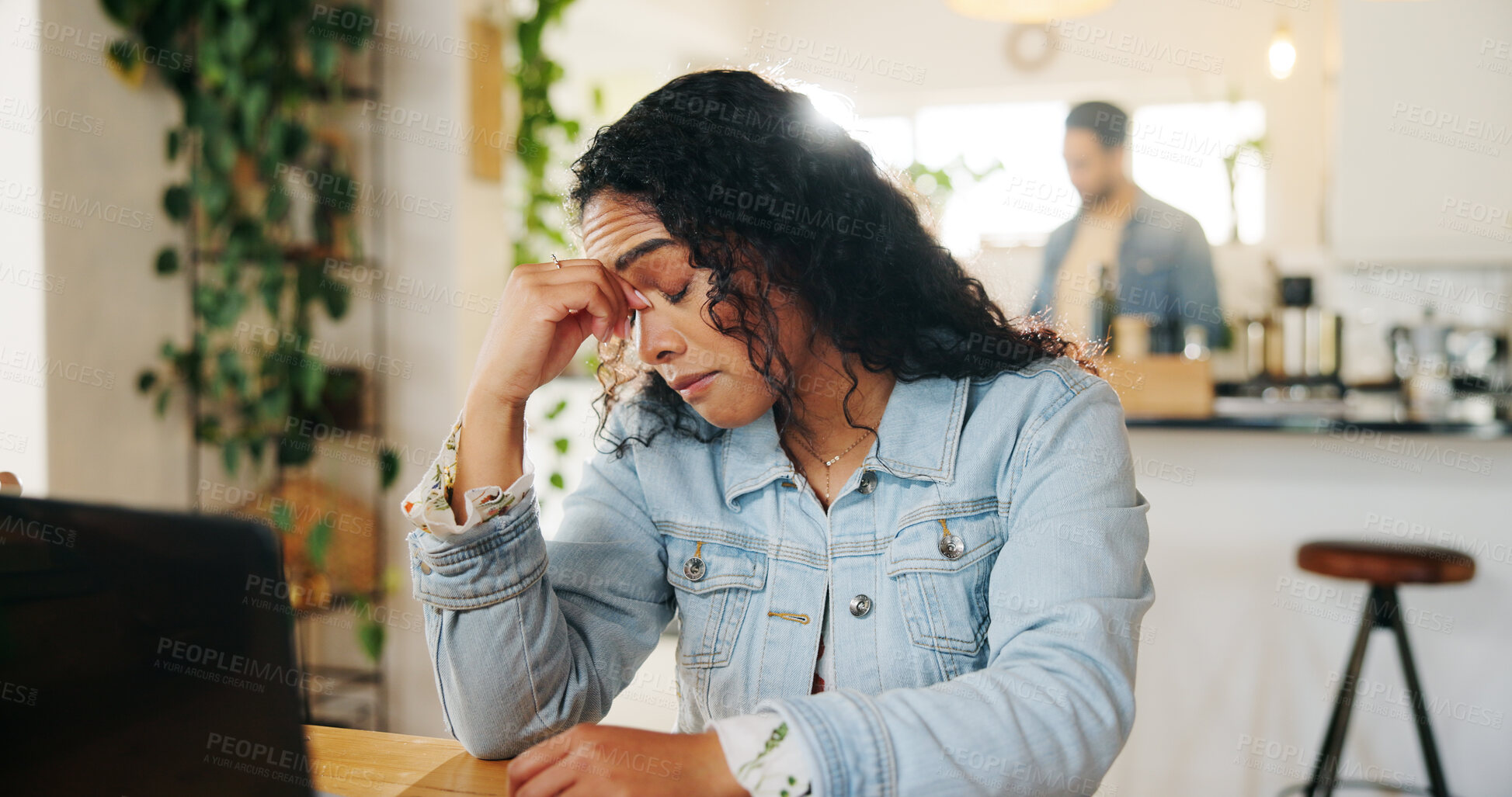 Buy stock photo Stress, remote work and woman with laptop, headache and fatigue for research crisis in kitchen. Frustrated, tired and freelance online consultant in home office with migraine, anxiety or burnout