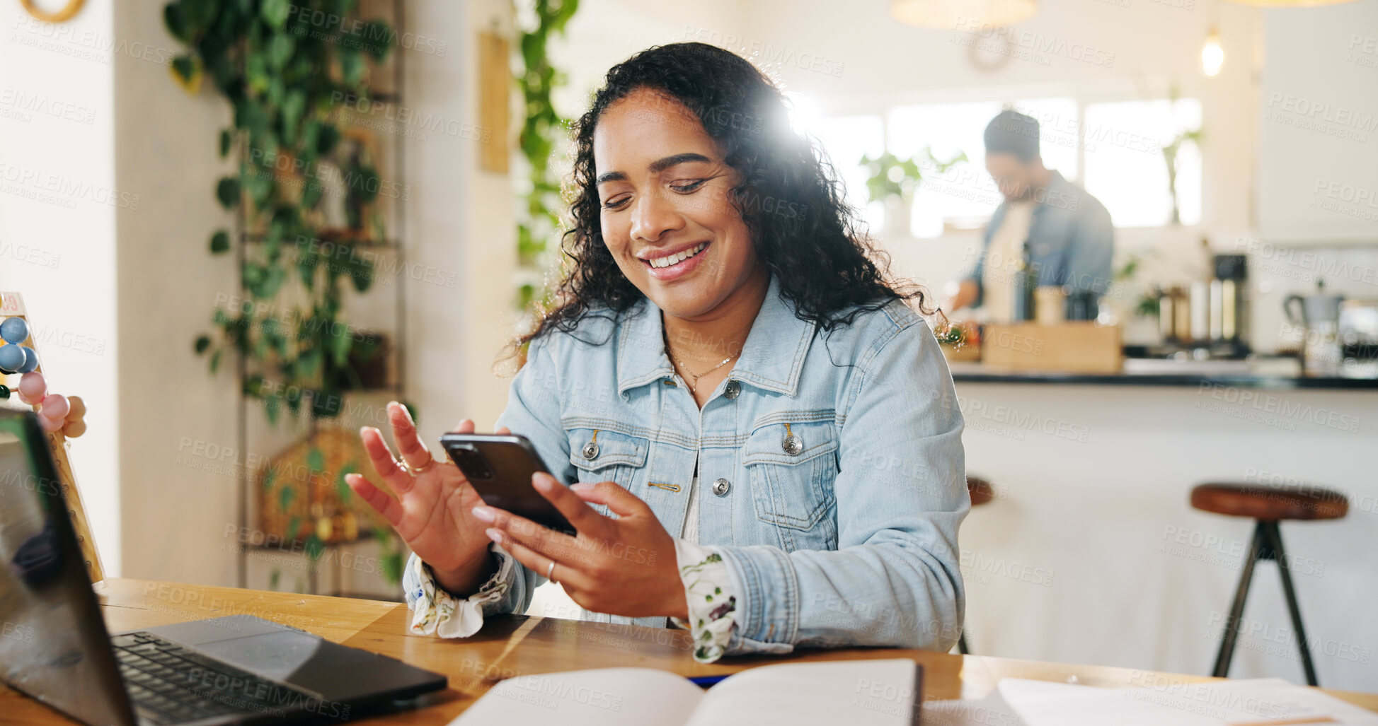 Buy stock photo Smile, typing and woman in kitchen with phone, laptop and networking for remote work in online education. Home office, computer and virtual teacher in house with smartphone for course communication