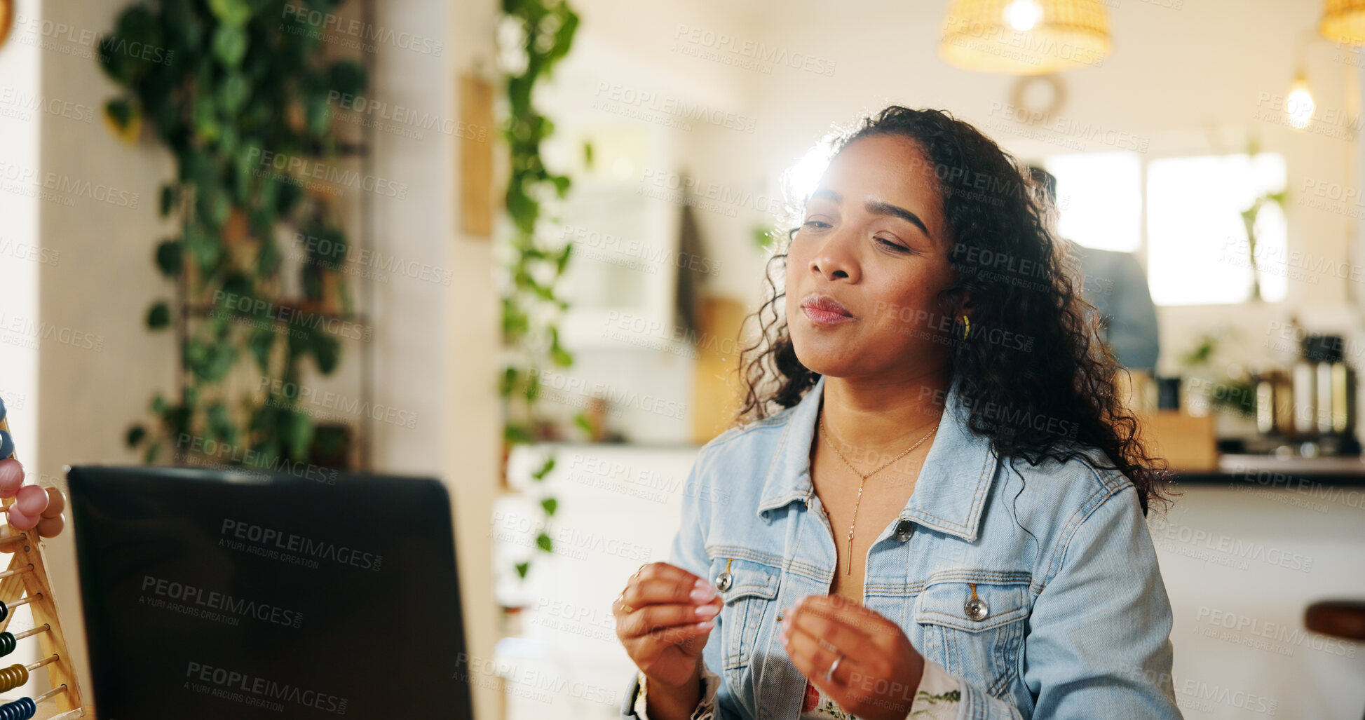 Buy stock photo Talking, freelancer and woman on laptop for video call, webinar or virtual meeting for consulting in remote work. Advisor, advice or consultant explaining online for coaching or communication in home