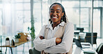 Portrait, business and black woman in office, arms crossed or smile with financial advisor, accounting or pride. African person, consultant or employee in workplace, career ambition or trading expert