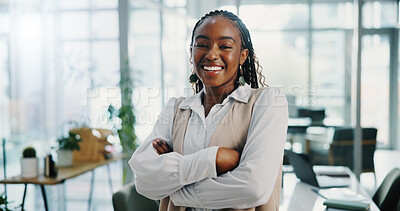 Buy stock photo Portrait, business and black woman in office, arms crossed or smile with financial advisor, accounting or pride. African person, consultant or employee in workplace, career ambition or trading expert
