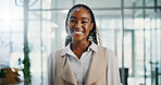 Portrait, business and black woman in office, smile and creativity with pride, career ambition and copywriting. African person, employee or journalist in newsroom, confidence or reporter with mindset