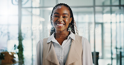Buy stock photo Portrait, business and black woman in office, smile and creativity with pride, career ambition and copywriting. African person, employee or journalist in newsroom, confidence or reporter with mindset