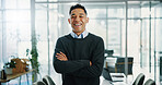 Portrait, business and man with smile, arms crossed or expert with financial advisor, accounting or pride. Happy person, consultant or employee in workplace, career ambition and economy specialist