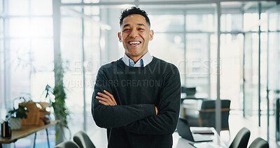 Buy stock photo Portrait, business and man with smile, arms crossed or expert with financial advisor, accounting or pride. Happy person, consultant or employee in workplace, career ambition and economy specialist