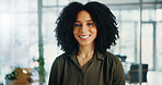 Happy, professional and portrait of businesswoman in office with confidence for creative career development. Smile, about us and female magazine editor from Mexico with pride at publishing agency.