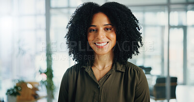 Buy stock photo Happy, professional and portrait of businesswoman in office with confidence for creative career development. Smile, about us and female magazine editor from Mexico with pride at publishing agency.