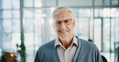 Buy stock photo Happy, glasses and portrait of mature businessman in office with confidence for editor career. Smile, CEO and male magazine executive from New York with pride for startup at publishing agency.