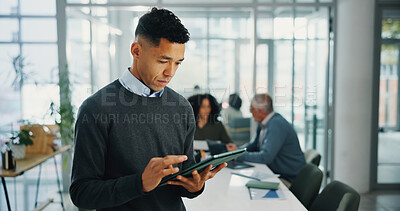 Buy stock photo Business man, tablet and scroll at meeting for notes, agenda or review for deal at company. Person, digital touchscreen and typing with application for research, info and feedback at finance agency