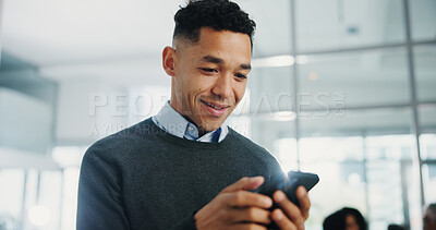 Buy stock photo Business man, phone and happy at meeting, texting and scroll with low angle for deal at company. Person, smartphone and smile with mobile app for contact, lead and proposal at financial agency