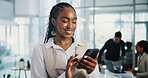 Business woman, phone and smile at meeting, texting and click with notification for deal at company. Person, smartphone and happy with mobile app for contact, review or proposal at financial agency