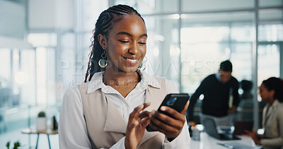 Buy stock photo Business woman, phone and smile at meeting, texting and click with notification for deal at company. Person, smartphone and happy with mobile app for contact, review or proposal at financial agency
