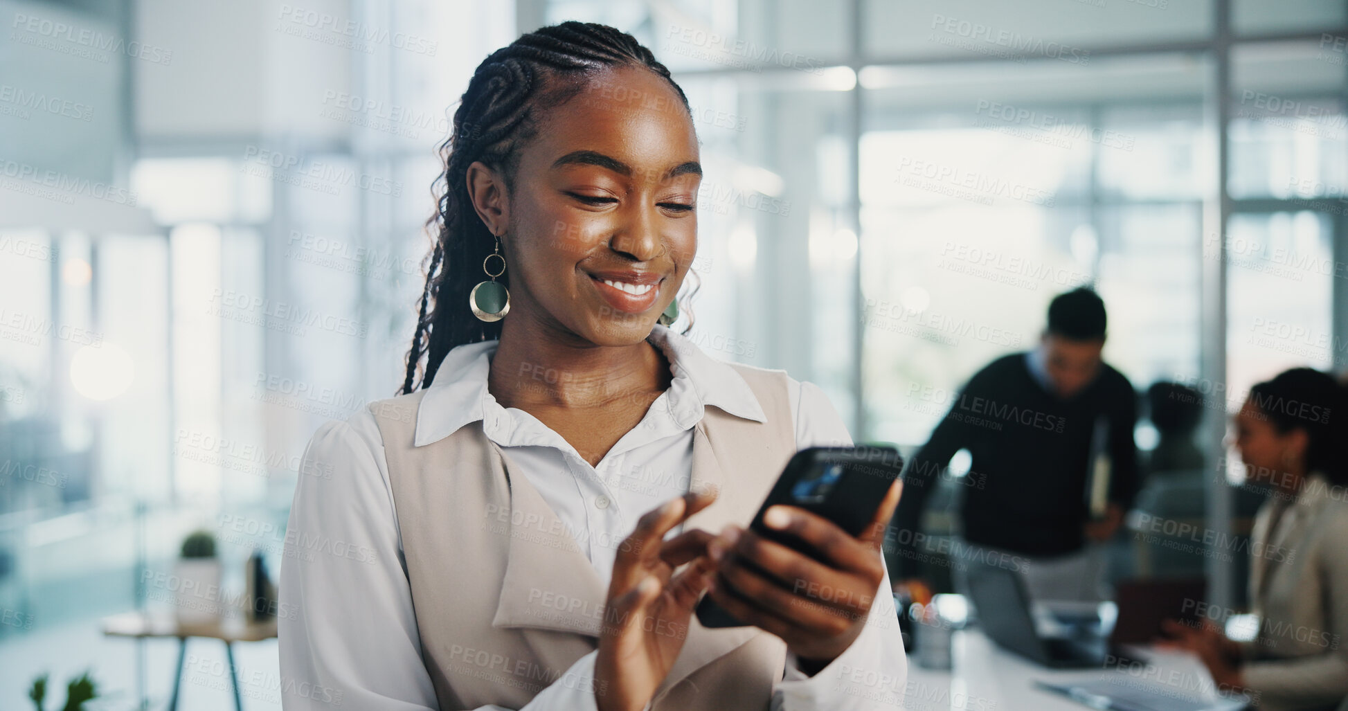 Buy stock photo Business woman, phone and smile at meeting, texting and click with notification for deal at company. Person, smartphone and happy with mobile app for contact, review or proposal at financial agency