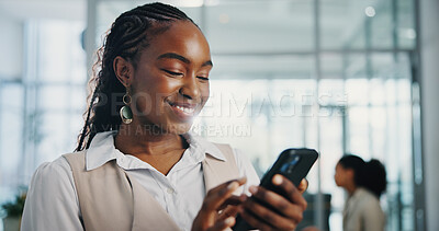 Buy stock photo Business woman, phone and happy at meeting, texting and scroll with notification for deal at company. Person, smartphone and smile with mobile app for contact, lead or proposal at financial agency