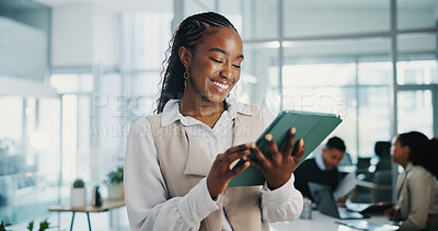 Buy stock photo Business woman, tablet and happy at meeting, agenda and review with proposal for deal at company. Person, touchscreen and smile with application for feedback, insight and notes at financial agency
