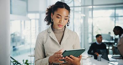 Buy stock photo Business woman, tablet and scroll at meeting, agenda and review with proposal for deal at company. Person, touchscreen and reading with application for feedback, insight and notes at financial agency