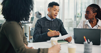 Buy stock photo Feedback, meeting or business people with documents for teamwork, collaboration or investment. Coworking, laptop or group of financial advisors talking for project, budget growth or risk management