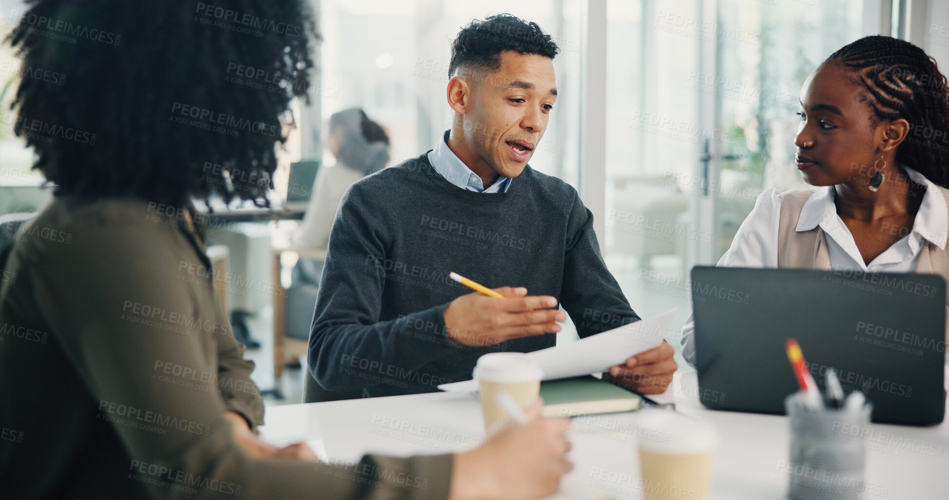 Buy stock photo Feedback, meeting or business people with documents for teamwork, collaboration or investment. Coworking, laptop or group of financial advisors talking for project, budget growth or risk management