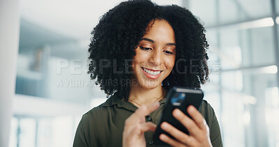 Buy stock photo Business woman, phone and happy at office, texting or scroll with notification for deal at company. African person, smartphone and smile on mobile app, contact or excited for lead at financial agency