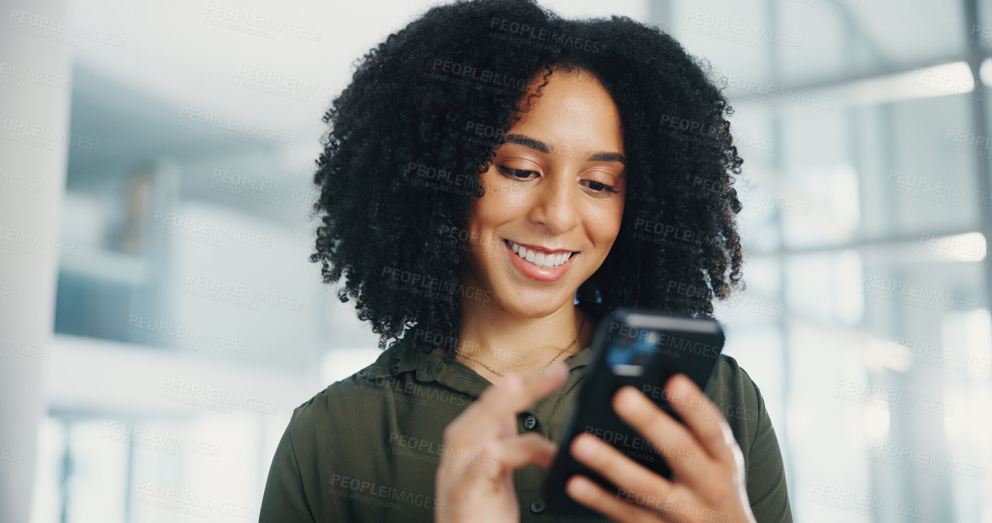 Buy stock photo Business woman, phone and happy at office, texting or scroll with notification for deal at company. African person, smartphone and smile on mobile app, contact or excited for lead at financial agency