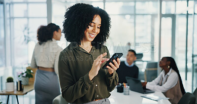 Buy stock photo Woman, phone and happy at meeting, texting and scroll with notification for deal at financial company. Business person, smartphone and smile with mobile app for contact, lead or proposal at agency