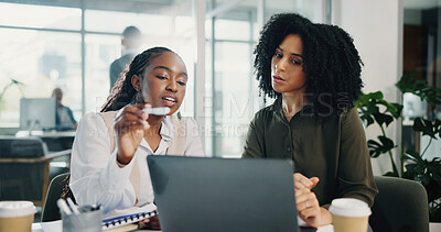 Buy stock photo Feedback, meeting or business women with laptop for teamwork, collaboration or investment. Coworking, technology or financial advisors talking for project research, budget growth or risk management