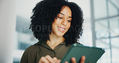 Buy stock photo Business woman, tablet and happy at office for notes, agenda or review for deal at company. Person, digital touchscreen and insight with application for contact, info and feedback at finance agency
