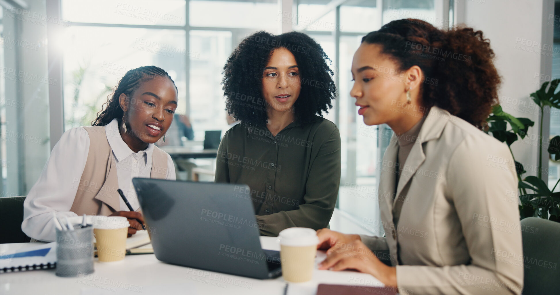 Buy stock photo Teamwork, meeting or business women with laptop for feedback, collaboration or investment. Coworking, technology or financial advisors talking for project research, budget growth or risk management