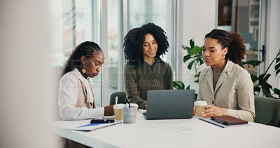 Buy stock photo Planning, meeting or business women with laptop for feedback, collaboration or investment. Teamwork, technology or financial advisors talking for project research, budget growth or risk management