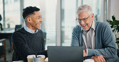 Buy stock photo Laughing, senior man or happy financial advisor with laptop, retirement fund or pension info. Elderly client, profit and people in meeting planning for future with funny joke, good news or consultant
