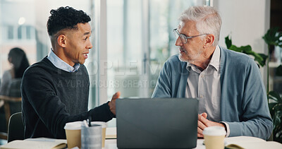 Buy stock photo Office, senior man or financial advisor talking with laptop, retirement fund and pension info in conversation. Elderly client, advice and people in meeting planning for future, help or consulting