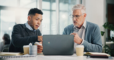 Buy stock photo Profit, senior man or financial advisor talking with laptop, retirement fund and pension growth in conversation. Elderly client, office and people in meeting planning for future, advice or consulting